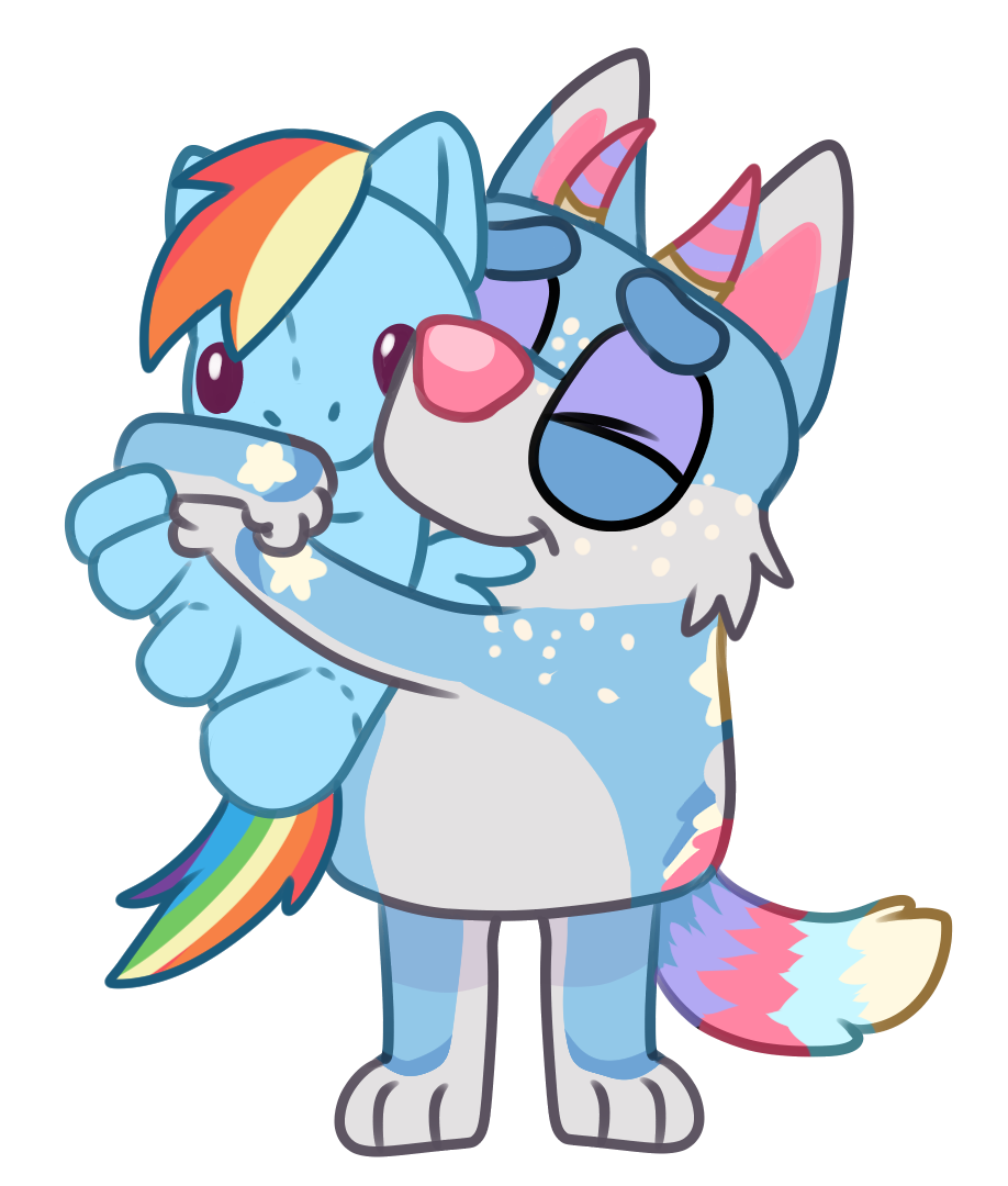 Sky Doggo gives her Rainbow Dash plushie a big squish